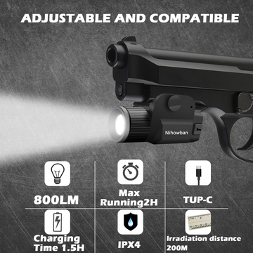 IPX4 Pistol Laser Flashlight 800 Lumens Rechargeable Tactical Laser Flashlight